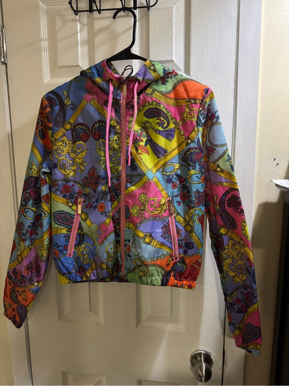 Versace Jeans Couture Baroque Paisley Print Hooded Windbreaker Jacket Size 36